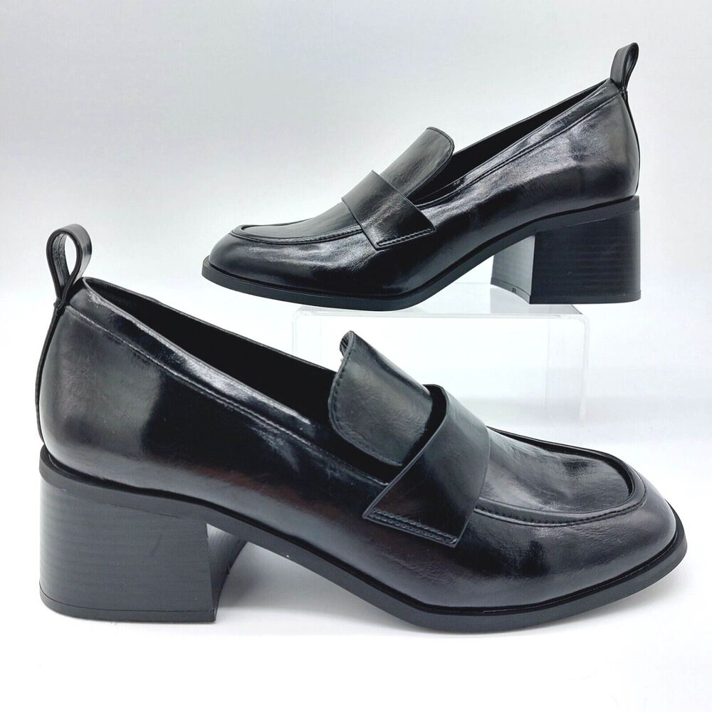 Abercrombie & Fitch Shoes Women Sz 8 Black Block Heeled Loafer Vegan Leather Y2K
